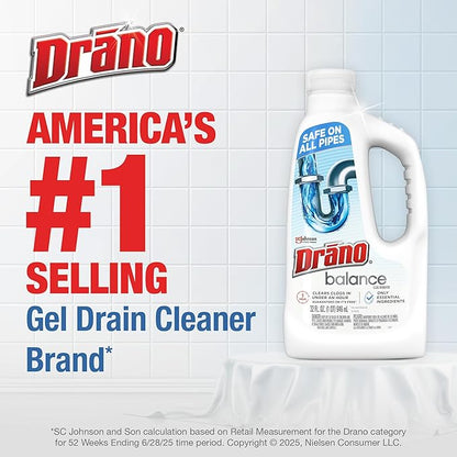 Drano Balance Drain Clog Remover and Cleaner, Non-Corrosive Formula, Safe on All Pipes and Septic Tanks, Formulated Using Only Essential Ingredients, 32 Fl Oz