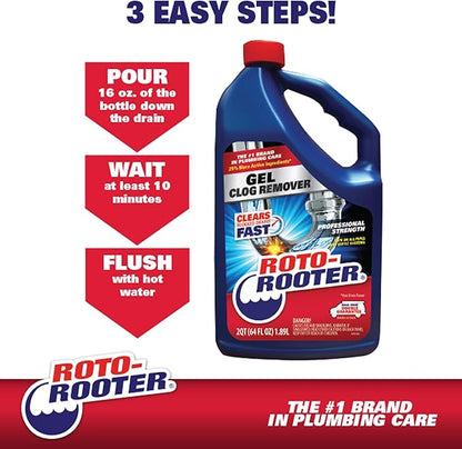 Roto-Rooter Gel Clog Remover Drain Cleaner, Thick Gel Helps Clear Slow Drains and Break Down Hair, Grease and Soap Buildup, Suitable for Pipes, Toilets, Showers and Sinks, 80 oz