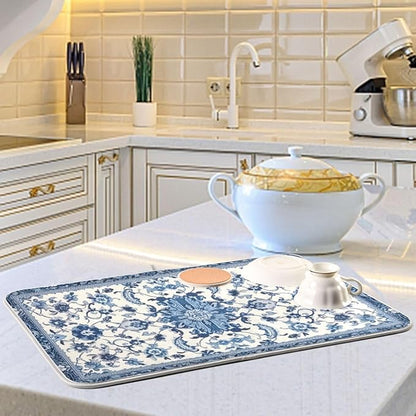 Dish Drying Mat Kitchen Counter Absorbent Blue and White Pattern Coffee Sink Mat Dish Drainer Pad 18 Inch x 16 Inch