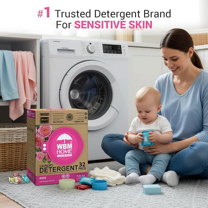 WBM 10-in-1 Laundry Detergent Pods, Ultra Concentrate, Powerful Stain Lifter, Fabric Softener, Rose Scent, 32 Count, HE Compatible, Eco-Friendly, Gentle