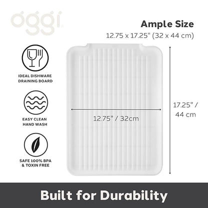 Oggi Dish Drain Board and Drying Rack Tray for Kitchen Counter, Plastic Drainboard with Raised Ridges, 12.75 x 17.25 inches - White