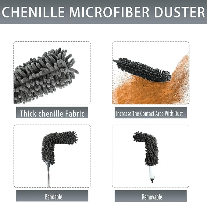 4 Pcs Microfiber Cobweb Duster with 100" Extension Pole,Bendable Ceiling Fan Duster Kit with 3 Duster Heads,Washable Reusable Spider Web Brush for High Ceiling and Walls Furniture Home
