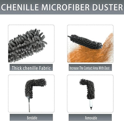 4 Pcs Microfiber Cobweb Duster with 100" Extension Pole,Bendable Ceiling Fan Duster Kit with 3 Duster Heads,Washable Reusable Spider Web Brush for High Ceiling and Walls Furniture Home