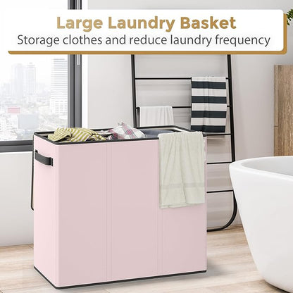 180L Laundry Hamper 3 Section, Large Laundry Basket with Lid, Laundry Basket Organizer with Handles, Pink Divided Laundry Baskets, Clothes Hampers for Nursery, Bedroom, Bathroom