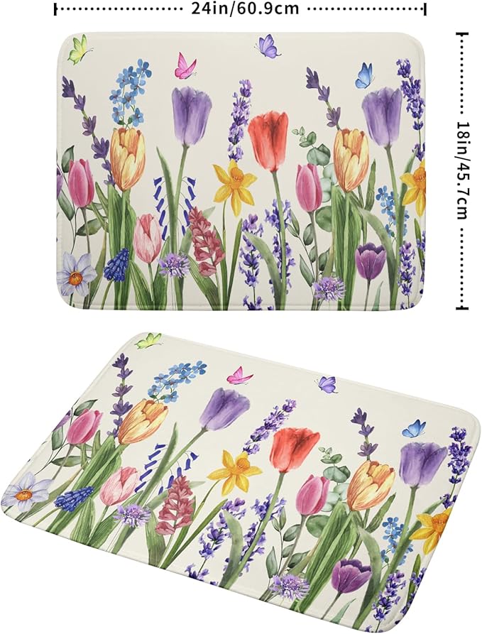 Spring Floral Dish Drying Mat for Kitchen Counter 18x24 Inch Spring Flowers Dish Drainer Rack Mats Absorbent Kitchen Drying Mat Botanical Floral Drainer Rack Mats for Kitchen Countertop Table Decor