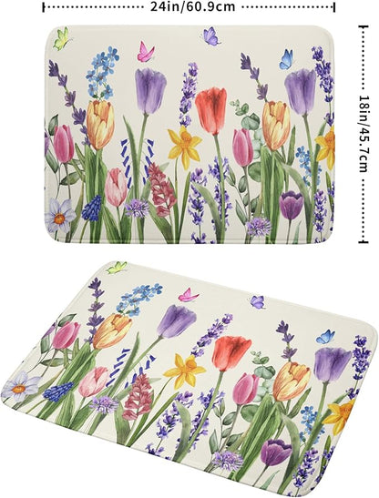 Spring Floral Dish Drying Mat for Kitchen Counter 18x24 Inch Spring Flowers Dish Drainer Rack Mats Absorbent Kitchen Drying Mat Botanical Floral Drainer Rack Mats for Kitchen Countertop Table Decor
