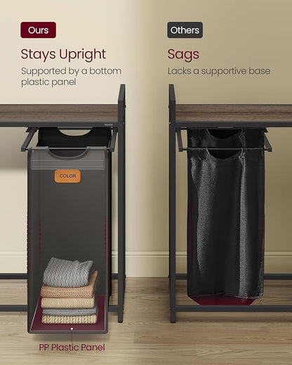 VASAGLE Laundry Hamper, Laundry Sorter Rolling Cart with Shelves, Small Side Pockets, 6 Labels, 3 Compartments, 39.6 Gal. (150 L), Ink Black and Ash Brown UBLH223BH01