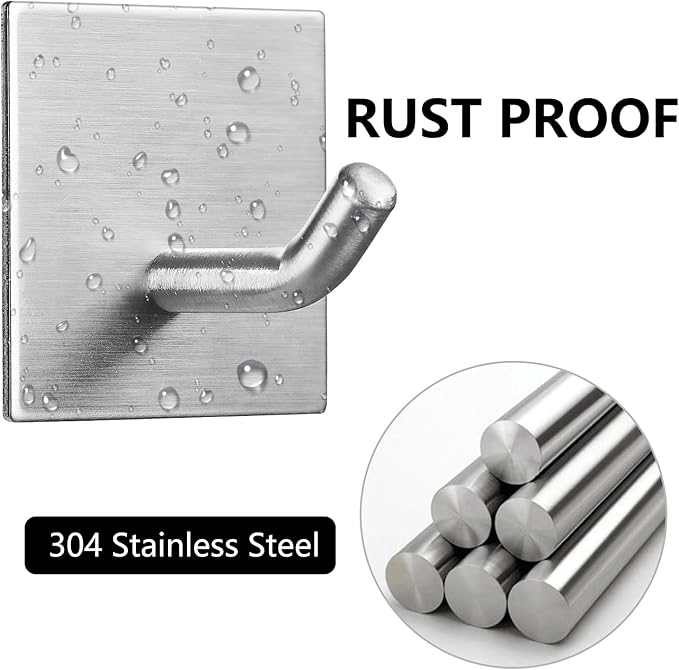 FOMANSH Heavy Duty Adhesive Hooks, Stick on Wall Adhesive Hangers, Strong Stainless Steel Holder, Self Adhesive Hooks for Kitchen Bathroom Home Door Towel Coat Key Robe 6 Packs Silver