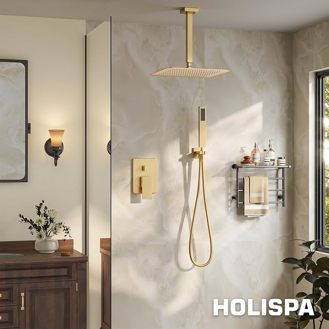 Ceiling Mount Shower System, Gold Shower Faucet Set with 12-Inch Rain Showerhead and Handheld Spray Combo, High-Pressure Showerheads Set with Valve and Trim Kit, Brushed Gold