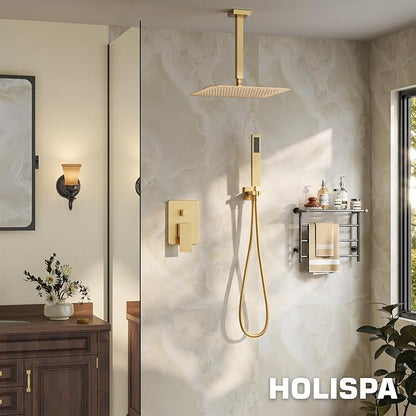 Ceiling Mount Shower System, Gold Shower Faucet Set with 12-Inch Rain Showerhead and Handheld Spray Combo, High-Pressure Showerheads Set with Valve and Trim Kit, Brushed Gold