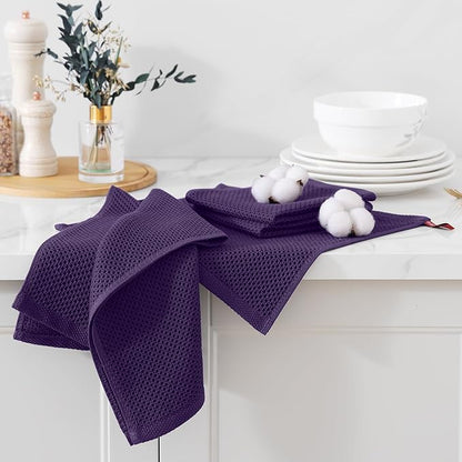Kitinjoy 100% Cotton Kitchen Dish Cloths (12 X 12 Inches, Eggplant), 6 Pack Waffle Weave Ultra Soft Absorbent Dish Towels for Drying Dishes Quick Drying Kitchen Towels Dish Rags