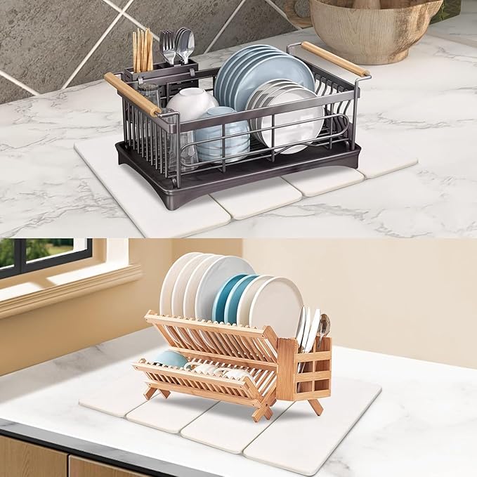 Large Stone Dish Drying Mat for kitchen Counter, 24"(L)x16"(w) Dish Drying Mat, Fast Water-Absorbing,Diatomaceous Earth Non-Slip Stone Mat, Multi-Purpose Foldable Dish Drying Stone Mat