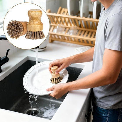 12 Packs Bamboo Dish Scrub Brush Wooden Washing Scrubbers with Sisal Bristles Kitchen Palm Pot Brush Round Mini Dish Brushes for Household Iron Pot Pan Sink Sink Vegetables Cleaning (Brown)