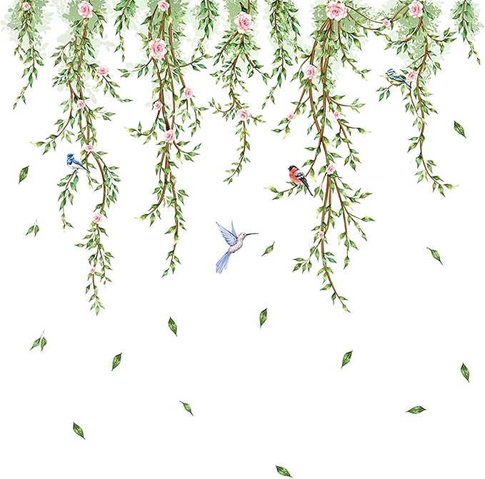 Hanging Vine Wall Decals with Birds Green Leaves Flowers Removable Peel and Stick Wall Stickers for Bedroom Living Room Nursery Bathroom Kitchen Home Decor DIY Forest Wall Art