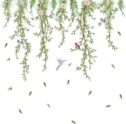 Hanging Vine Wall Decals with Birds Green Leaves Flowers Removable Peel and Stick Wall Stickers for Bedroom Living Room Nursery Bathroom Kitchen Home Decor DIY Forest Wall Art