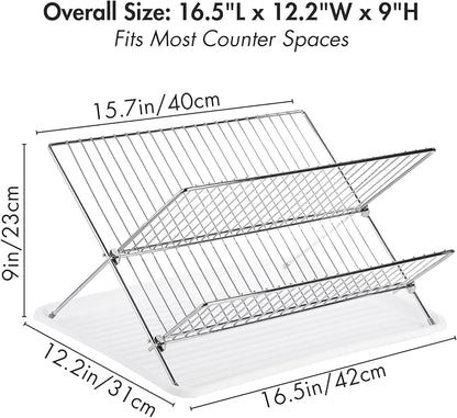 Youeon Foldable Dish Drying Rack with Drip Tray, Stainless Steel 2 Tier Dish Drainer Rack, Collapsible Dish Drainer, Folding Dish Rack for Kitchen Sink, Countertop, Cutlery, Plates, Dishes