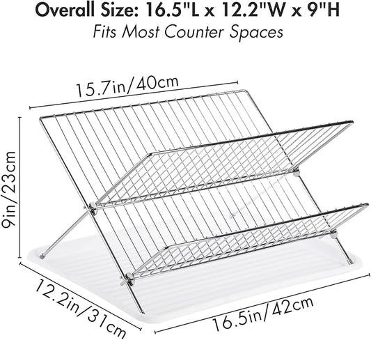 Youeon Foldable Dish Drying Rack with Drip Tray, Stainless Steel 2 Tier Dish Drainer Rack, Collapsible Dish Drainer, Folding Dish Rack for Kitchen Sink, Countertop, Cutlery, Plates, Dishes