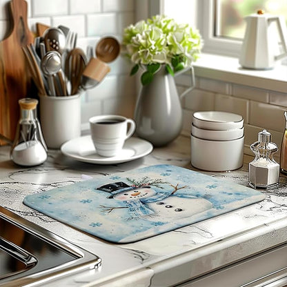 Blue Snowman Snowflake Christmas Dish Drying Rack - 16x18 Inch Absorbent Microfiber Mat for Home Coffee Bar