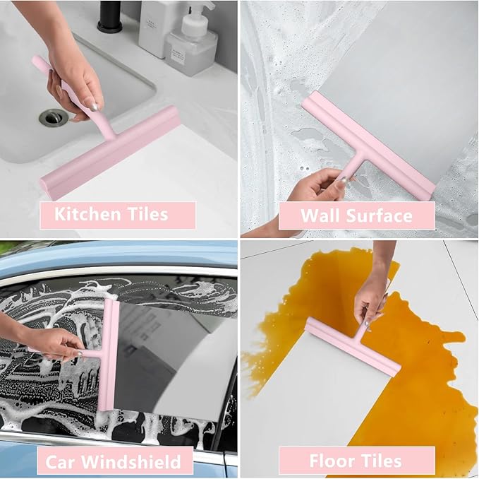 Silicone Shower Squeegee for Glass Doors Window Squeegee for Walls, Sink, Mirror, Bathroom, Car Window Cleaning - Pink