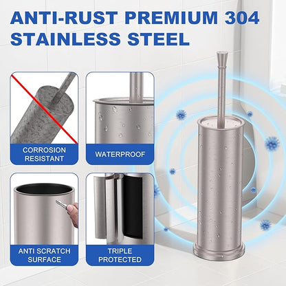 Toilet Brush and Holder Set：304 Stainless Steel Heavy Duty Toilet Bowl Brush，Removable Inner Bowl and Splash Protection，Bathroom Toilet Brush-Dense Bristles for Through Cleaning
