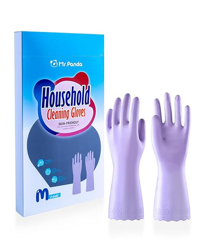Mr.Panda 2 Pairs Skin-Friendly Flocked Cotton Liner Cleaning Gloves Medium, Reusable Dishwashing Gloves for Washing Dishes, Kitchen, Shimmering Pink