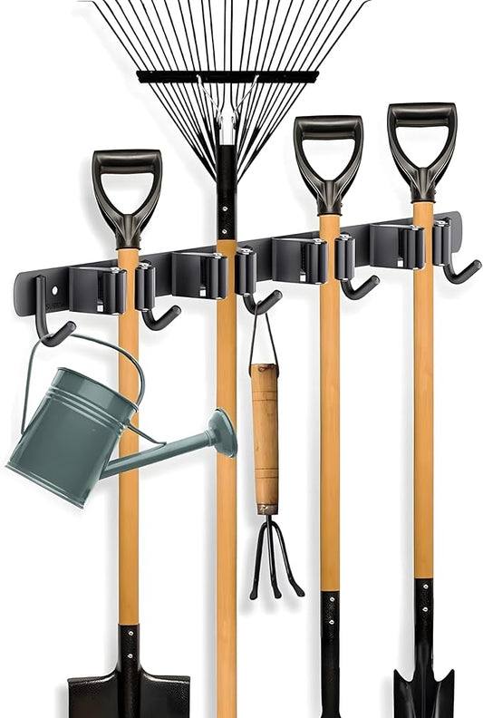 Wall Mount Broom Holder | Heavy Duty Stainless Steel Mop Organizer with 4 Racks & 5 Hooks for Kitchen, Bathroom, Garage, Garden & Laundry | Space Saving Black Wall Mounted Cleaning Tool Rack | 1 Pack