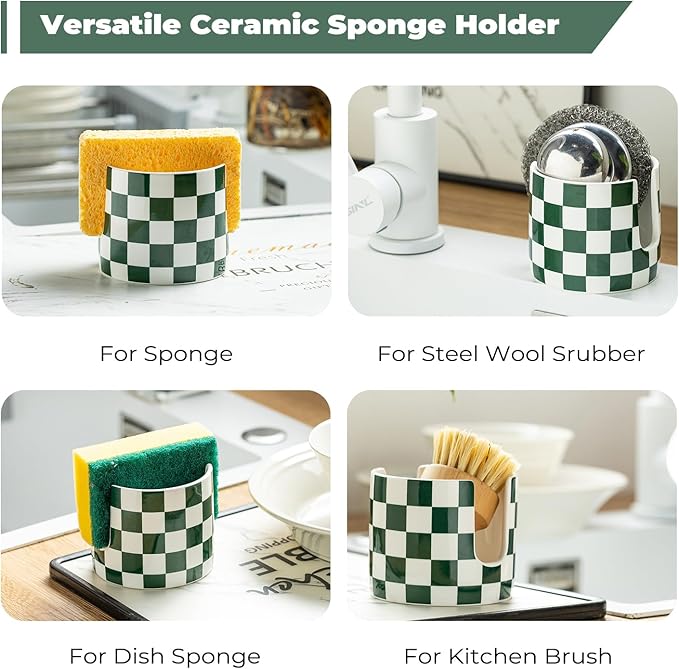 Zoeeker Ceramic Kitchen Sponge Holder, Dish Sponge Holder Suitable for Scrubby Farmhouse Drying Rack Brush Holder for Christmas Bathroom, Kitchen, Sink, Green and White