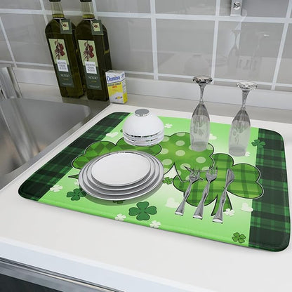 St Patricks Day Shamrocks Lucky Clovers Dish Drying Mat for Kitchen Counter St Patrick's Day Decorative Drying Pad 18x24 Inch Irish Green Buffalo Check Plaid Drying Dish Mats for Countertop Coffee Bar