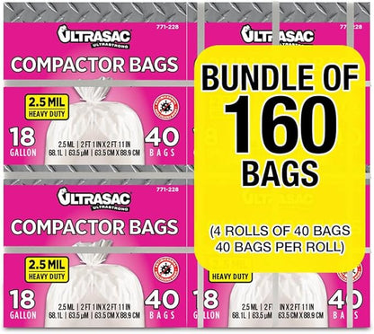 Ultrasac Compactor Bags - (160 Pack with Ties) 18 Gallon for 15 inch Compactors - 25" x 35" Heavy Duty 2.5 MIL Garbage Disposal Bags Compatible with Kitchenaid Kenmore Whirlpool GE Gladiator