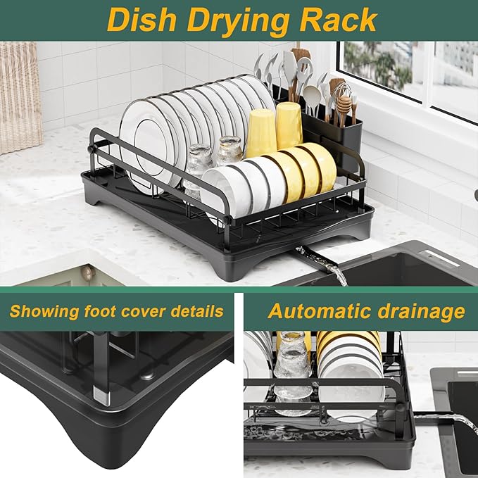 LIYI Dish Drying Rack and Sink Organiser,Removable Drainer Tray,Adjustable Spout,Easy Assembly Kitchen Drying Rack,Black