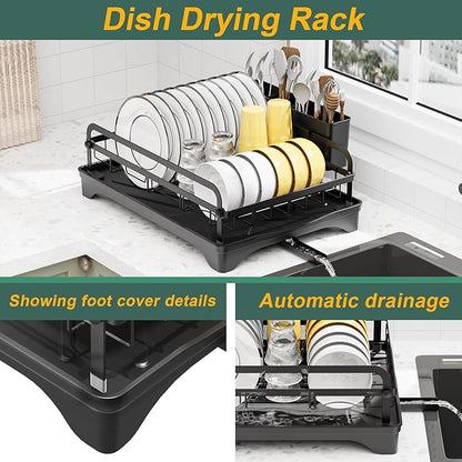 LIYI Dish Drying Rack and Sink Organiser,Removable Drainer Tray,Adjustable Spout,Easy Assembly Kitchen Drying Rack,Black