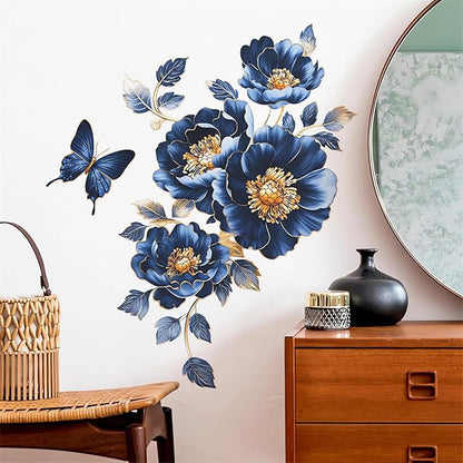 Gorgeous Blue Peony Rose Flower Wall Stickers, sacinora Butterfly Floral Art 3D Wall Decals Removable Vinyl Peel and Stick for Bedroom Study Room Bathroom Home Decorations