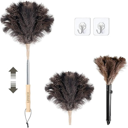 Ostrich Feather Dusters for Cleaning Kit - Reusable Soft Feather Duster Extendable to 49 inches for Cleaning Ceiling Fan, High Ceiling, Blinds & Retractable Small Duster for Keyboard, Car