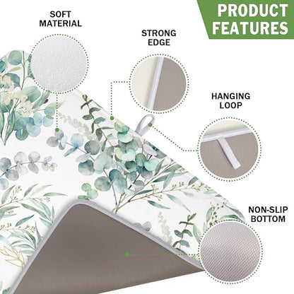 Spring Sage Green Leaves Dish Drying Mat for Kitchen Counter Watercolor Eucalyptus Leaf Drying Mat 16x18 Inch Rustic Farmhouse Absorbent Dish Drainer Mat Kitchen Accessories