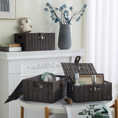 Set of 3 Woven Wicker Storage Basket Box with Lids & Lock, Built-in Carry Handles, Multifunctional Storage Organizer for Nursery, Baby, Clothes, Toys, Books, Large/Medium/Small Size (Brown)