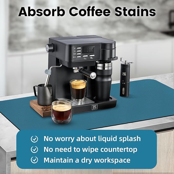 PoYang 31.5"x17" Coffee Mat X-Large, Coffee Bar Accessories for Countertop, Absorbent Dish Drying Mat, Anti-Slip and Hide Stain Pad for Espresso Machine, Espresso Maker and Kitchen Counter, Blue