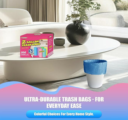 300 Count 2 Gallon Trash Bags - 7.5 Liter Colored Small Garbage Bags Unscented Wastebasket Liners Heavy Duty & Leakproof Mini Can Liners for Bathroom Office Home Car
