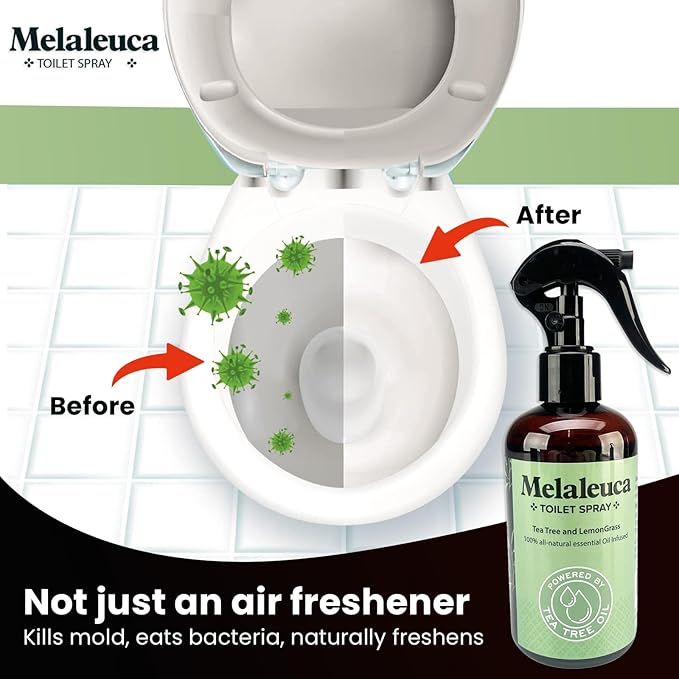 Melaleuca Spray - 100% Natural Tea Tree Oil Toilet Spray – 8 Oz - Natural Bathroom Odor Eliminator & Air Freshener – Pure Tea Tree Essential Oil with Lemongrass – Odor Eater, Paraben Free