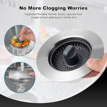 Universal 2 Pack Kitchen Sink Strainer with Drain Stopper Set, Stainless Steel Pop Up Kitchen Sink Stopper, Equipped with 4 Basket Strainers, Dishwasher Safe, Fits 3-1/2'' Drain