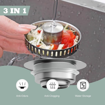 Kitchen Sink Drain Strainer 3 in 1, 304 Stainless Steel Pop Up Sink Stopper, Anti-Clogging Sink Stopper, Kitchen Drain Catcher, Sink Strainer for US Standard (Silver 2#)