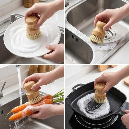 2 Pack Bamboo Dish Scrub Brush with Bamboo Pan Scraper Pot Scraper Non-Scratch Dish Scrapers Kitchen Cleaning Tools for Cast Iron Skillets, Cookware, Dishes, Pans Bowls, Plates and Pots