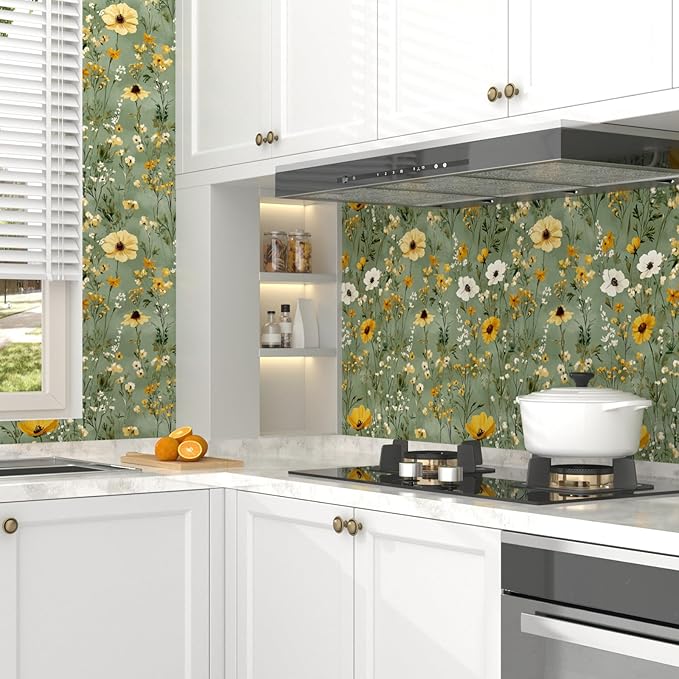 Laatse Vintage Daisy Wallpaper Peel and Stick, Green Yellow Floral Contact Paper, Botanical Wall Paper Self Adhesive Removable Waterproof for Bathroom Bedroom Shelf Cabinet Drawer Table 17.5" x 118"