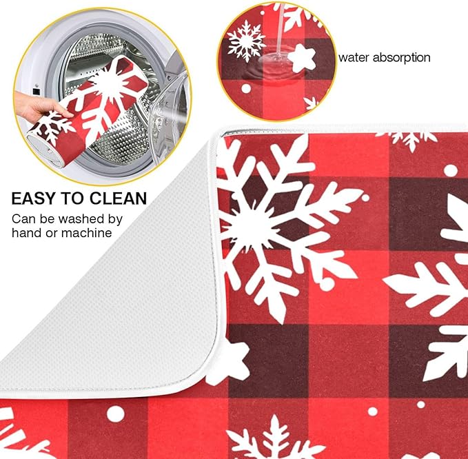 Snowflakes Christmas Checkered Plaid Dish Drying Mat for Kitchen Counter Absorbent Microfiber Drying Pad, Large 18x24 in