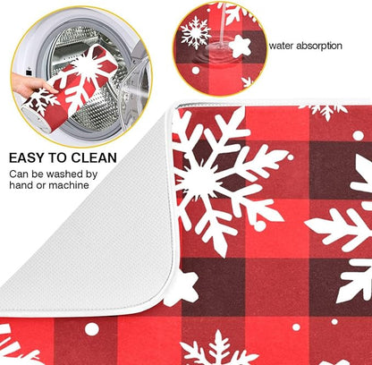 Snowflakes Christmas Checkered Plaid Dish Drying Mat for Kitchen Counter Absorbent Microfiber Drying Pad, Medium 16x18 in