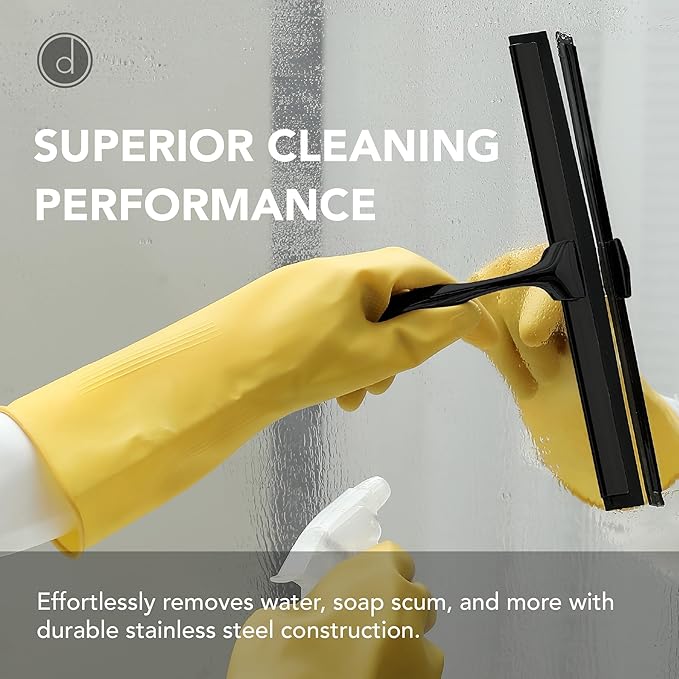 Metal Squeegee – Stainless Steel Window Cleaner Removes Water and Soap on Shower Doors, Car Windshields, Glass, with Soft Silicone Blade, Includes Hanging Hook and Screwdriver, Black
