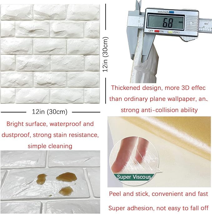 YU LI 3DH 3D Wall Panels Peel and Stick 30PCS White Foam Brick Wallpaper for Bedroom Faux Stone Wall Panel Self-Adhesive Wallpaper (30PCS-29 Sq Ft, White)