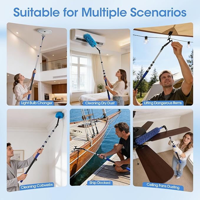 Light Bulb Changer for High Ceilings, 3.4-12.4FT Extension Pole Telescopic Extension Poles for Cleaning, Ceiling Fan Cleaner Duster Kit with Baskets, Suction Cup, Plush Brush for Roof Window Cleaning