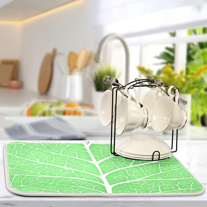 Green Leaf Veins Dish Drying Mat for Kitchen Counter Absorbent Microfiber Drying Pad, Medium 16x18 in
