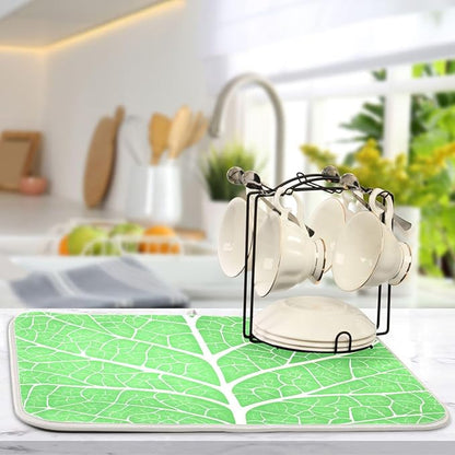 Green Leaf Veins Dish Drying Mat for Kitchen Counter Absorbent Microfiber Drying Pad, Medium 16x18 in