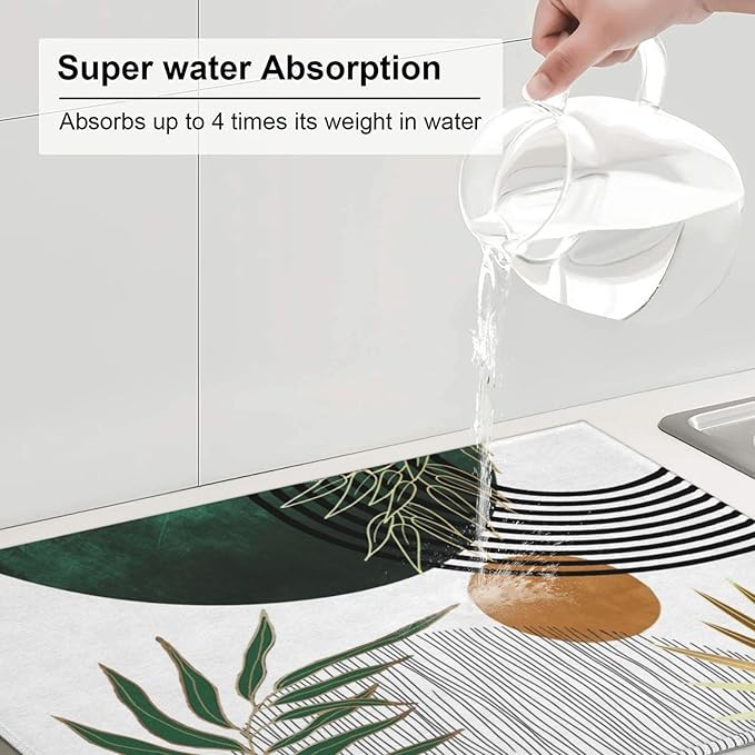 Mid Century Dish Drying Mat 18x24 Inch Boho Green Gold Tropical Leaf Sunset Kitchen Decoration Drying Mat Modern Abstract Decorative Drying Pad for Home Kitchen Decor,Dining Room,Office